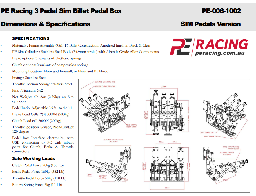 Load Cell Sim Racing Pedals Kit - Professional Driver Training PE-00X-1002